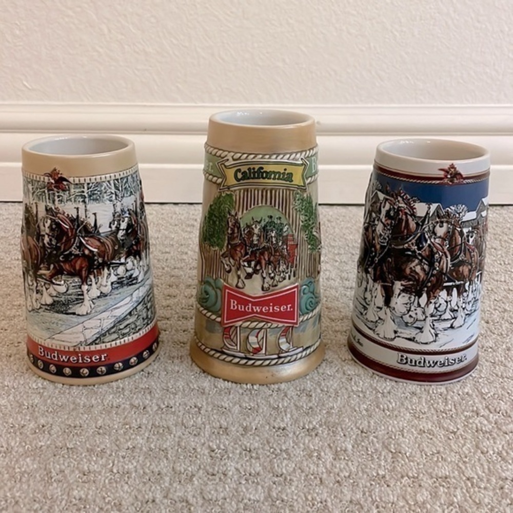 Budweiser Vintage Set of 3 Holiday & State of CA Collectors Beer Steins